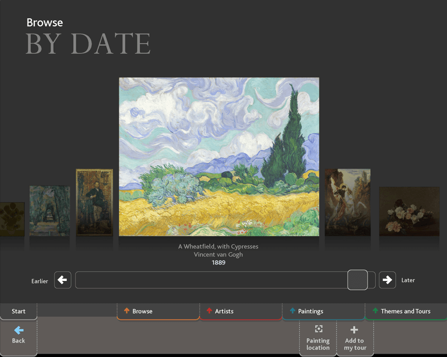 The Browse By Date screen from the National Gallery's ArtStart collection information kiosk, showing van Gogh's 'A Wheatfield, with Cypresses' (NG3861) and the date '1889'. Photo: © The National Gallery London, above a timeline with a slider and 'Earlier' and 'Later' buttons.
