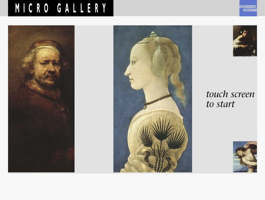 The front screen from the National Gallery's Micro Gallery collection information kiosk, showing details from Rembrandt's 'Self-portrait at the Age of 63' (NG221) and Baldovinetti's 'Portrait of a Lady' (NG758), with the link 'touch screen to start'.