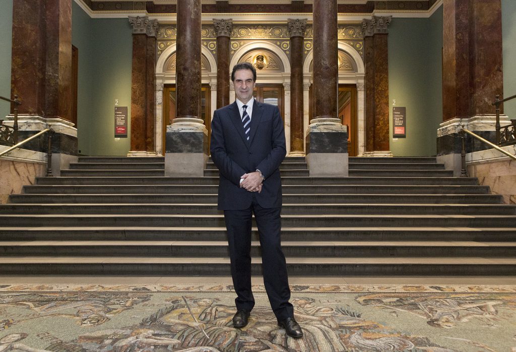 Gabriele Finaldi, Director of the National Gallery, photographed in the Vestibule of the Gallery's Wilkins Building.