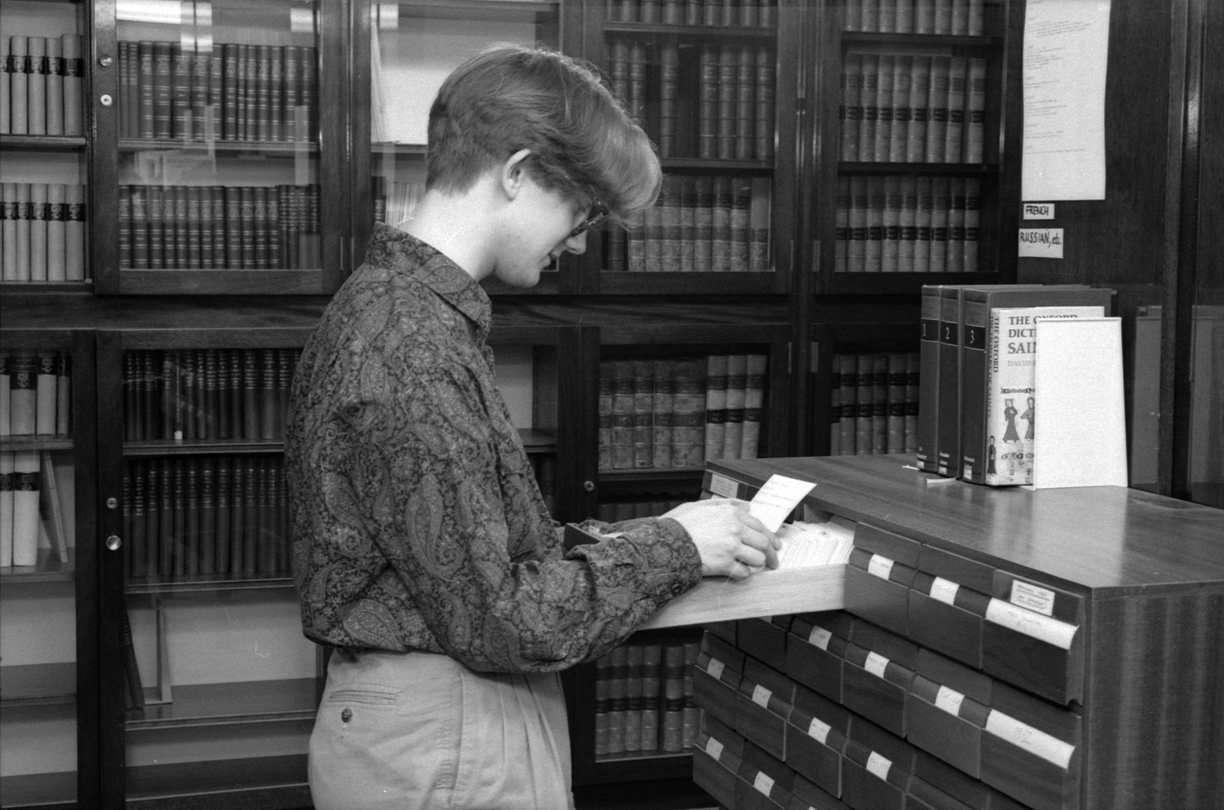 Rupert Shepherd, Periodicals Librarian, filing periodicals index cards in the National Gallery Library, c.1991.