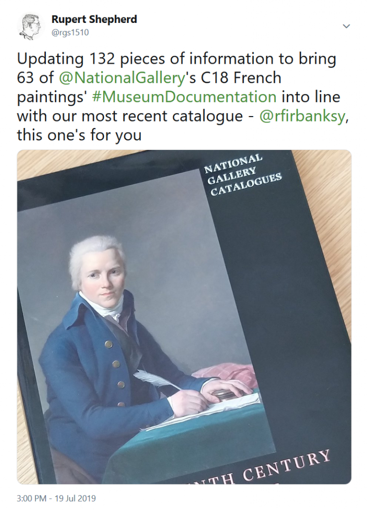Tweet from @rgs1510 about uploading catalogue infromation to bring the National Gallery's documentation into line with its most recent catalogue