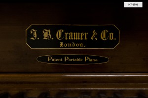 Maker's label of Cramer patent portable piano, Horniman Museum object no. M7-1991