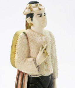 Detail of a model figure of a man displaying leg tattoo designs