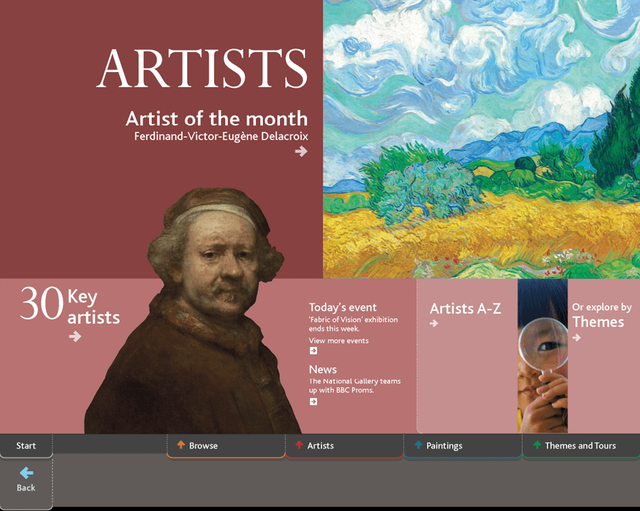 The Artists home screen from the National Gallery's ArtStart collection information kiosk, showing links for 'Artist of the month', '30 Key artists', 'Artists A-Z' and 'Or explore by Themes', with a detail from van Gogh's 'A Wheatfield, with Cypresses' (NG3861) and a self-portait by Rembrandt.