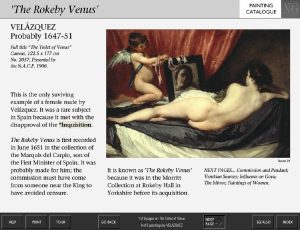 The painting screen for NG2057, Velázquez's 'Rokeby Venus', from the National Gallery's Micro Gallery collection information kiosk, showing tombstone infrmation for the painting, a colour image, and descriptive text, along with navigation buttons indicating that there are six pages for the painting.