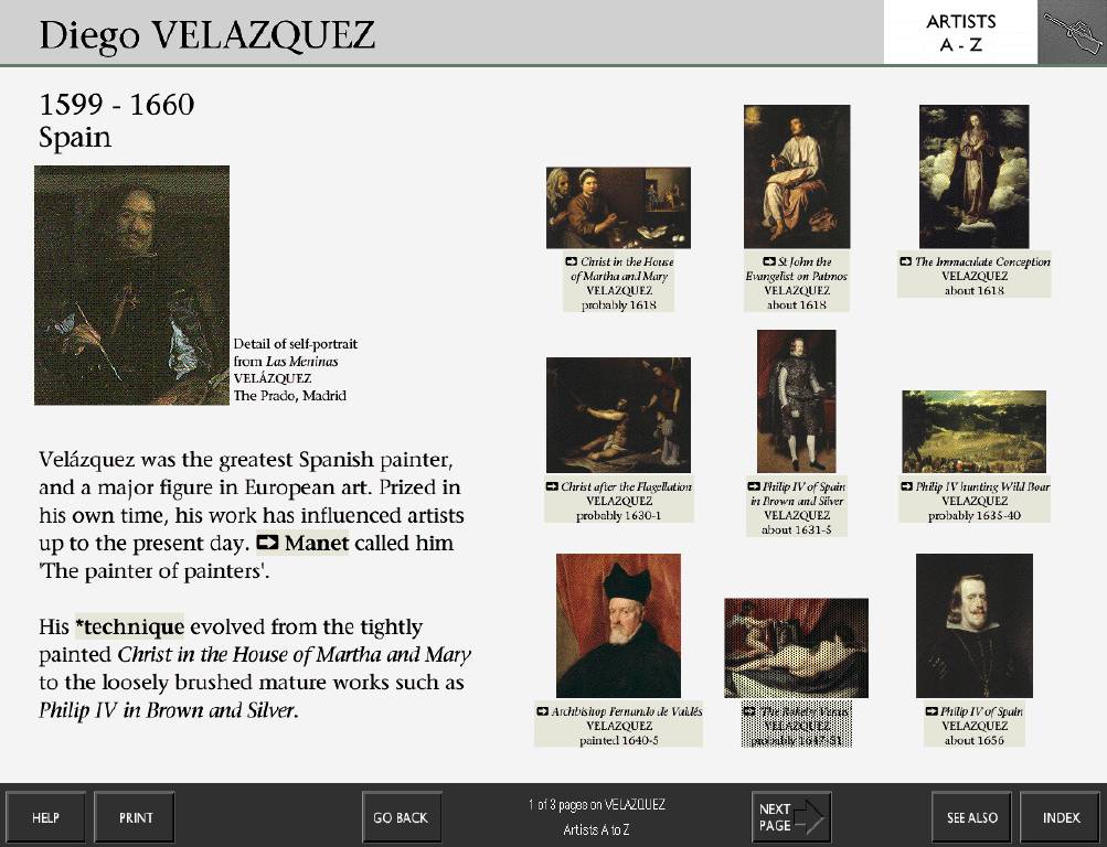 The Artist screen for Velázquez from the National Gallery's Micro Gallery collection information kiosk, showing a portrait of Velázquez, a brief biography, and thumbnails with links to nine of his paintings in the Gallery's collection.
