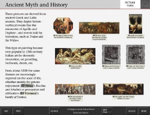 The Subject screen for Ancient Myth and History from the National Gallery's Micro Gallery collection information kiosk, showing a descriptive text and thumbnail links to nine related paintings, as well as navigation buttons including one indicating that there are eight pages about the subject.. Photo: © The National Gallery London.