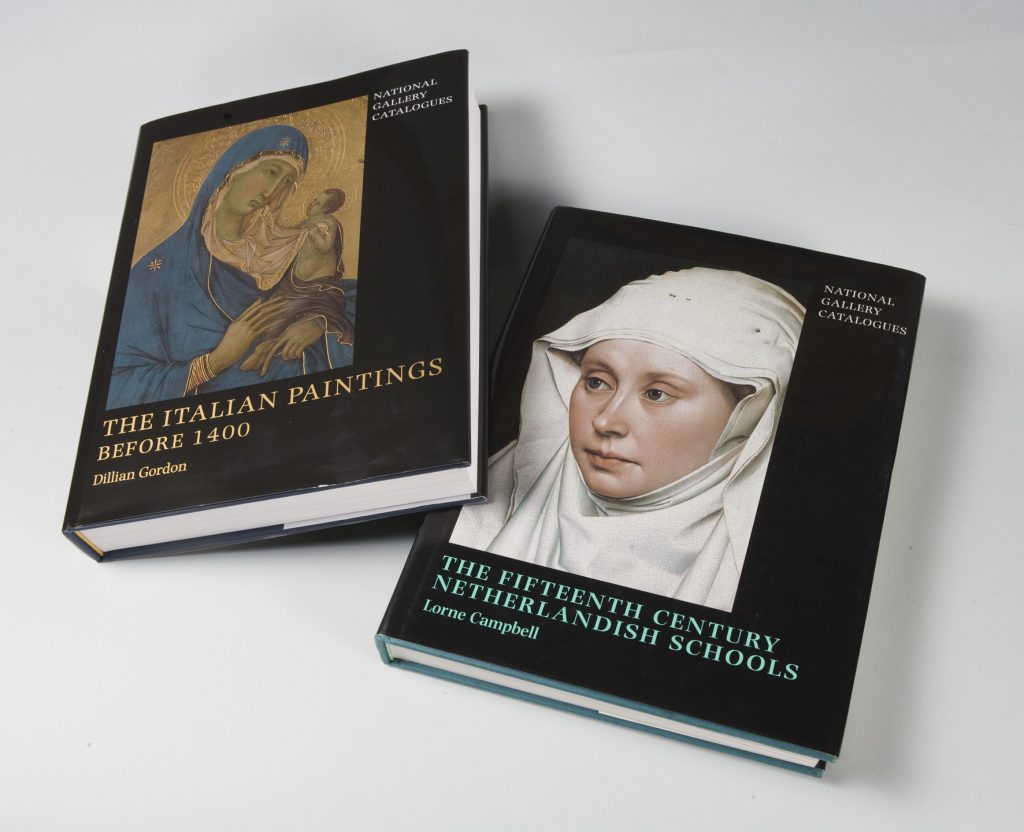 Two National Gallery paintings catalogues, 'The Fifteenth Century Netherlandish Schools' by Lorne Campbell and 'The Italian Paintings before 1400' by Dillian Gordon.