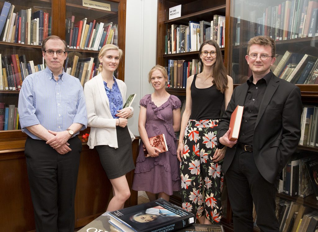 Members of the National Gallery's Collection Information Project team photographed in the Research Centre. Left to right: David A. Phillips, Author; Elisabeth Ayars, Randolph College Intern; Pippa Wainwright, Collection Information Project Manager; Nell Brown, Editor; Rupert Shepherd, Collection Information Manager.