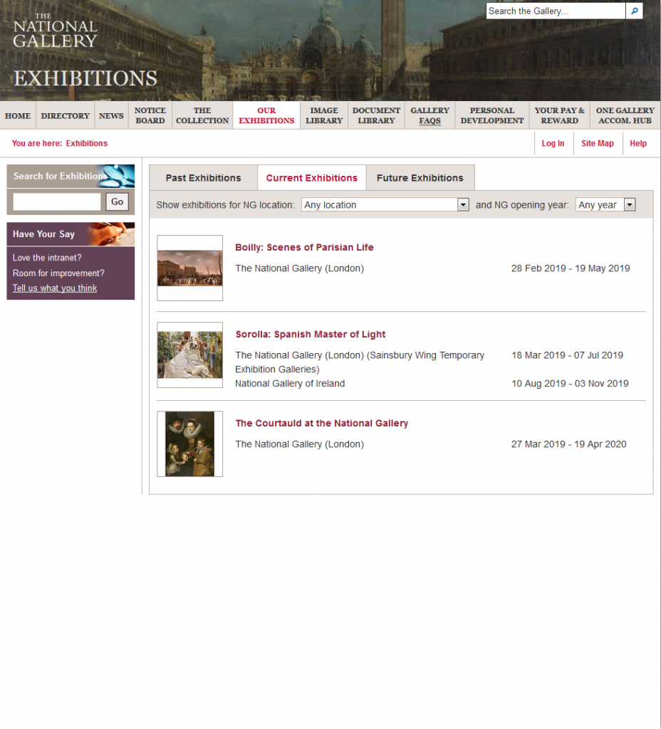 The exhibitions page of the National Gallery's intranet, listing three current exhibitions with their venues and dates, and tabs for past and future exhibitions.