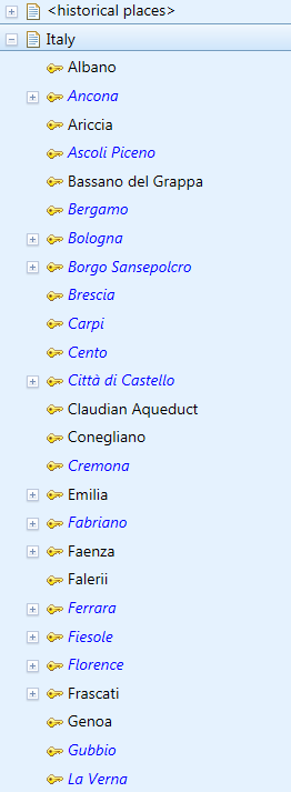 A screenshot from the National Gallery's TMS collections management system, showing tidied entries for places in Italy.