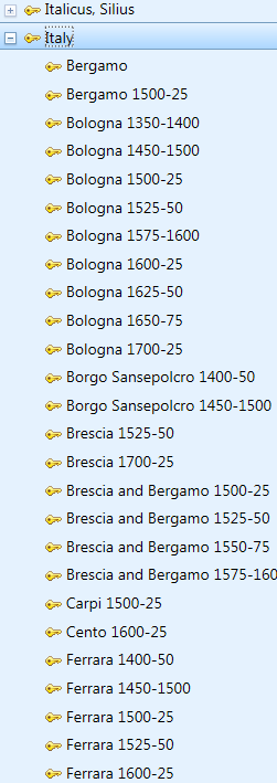 A screenshot from the National Gallery's TMS collections management system, showing entries for places in Italy before tidying, with multiple entries for the same place, all combined with date information.