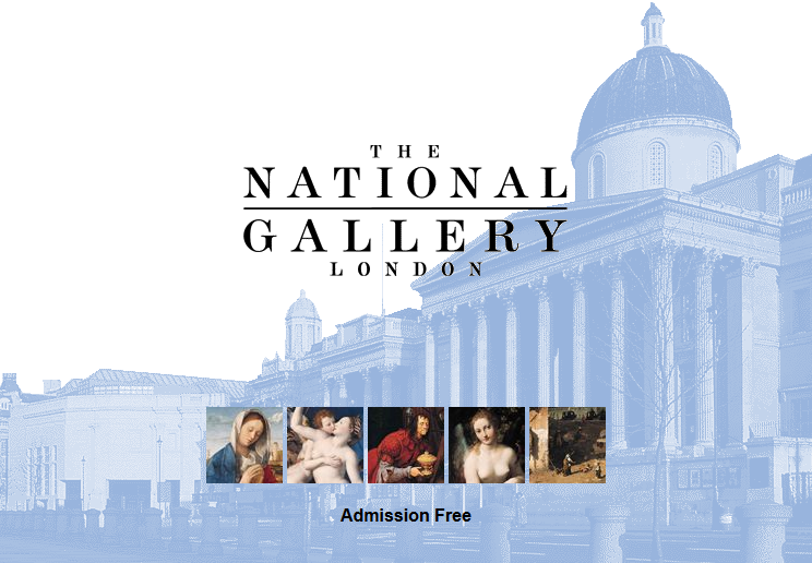 The home page of the National Gallery's first website, showing a background image of the Gallery; its logo; thumbnail details of five paintings; and the tagline 'Admission Free'.
