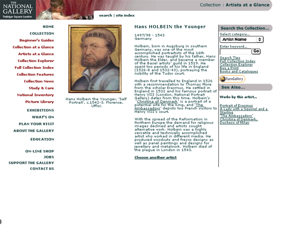 The artist page for Holbein from the National Gallery's second website, showing a portrait of the artist, biographical information, search links, and links to works by the artist in the Gallery.