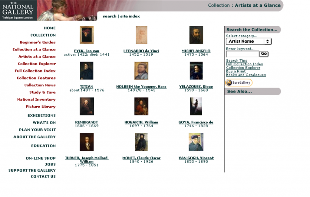 The Artists at a Glance page from the National Gallery's second website, showing thumbnail links to a dozen famous artists, and links to search the collection by artist name.