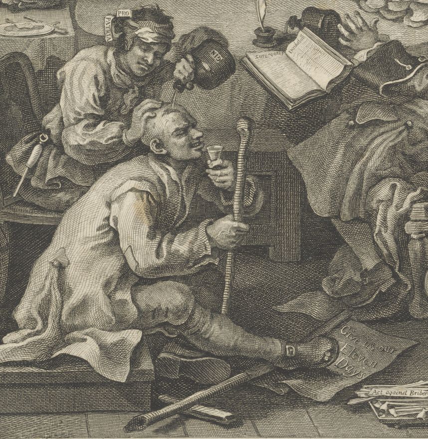 Detail from William Hogarth's 'An Election Entrtainment', showing a bully and a placard reading 'Give us our Eleven Days'